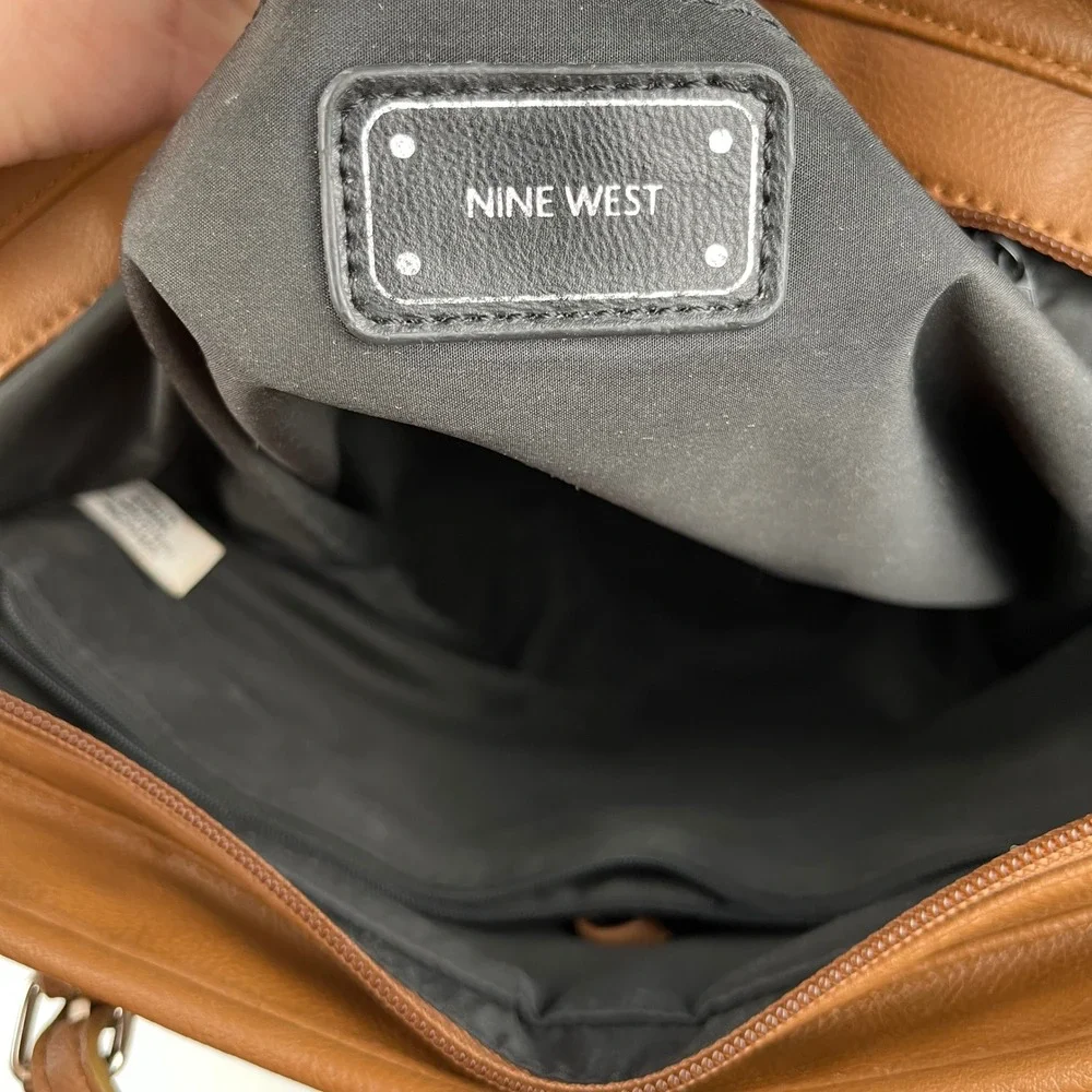 Nine West Tote Bag Black White Striped Faux‎ Leather Tassels Brown Trim